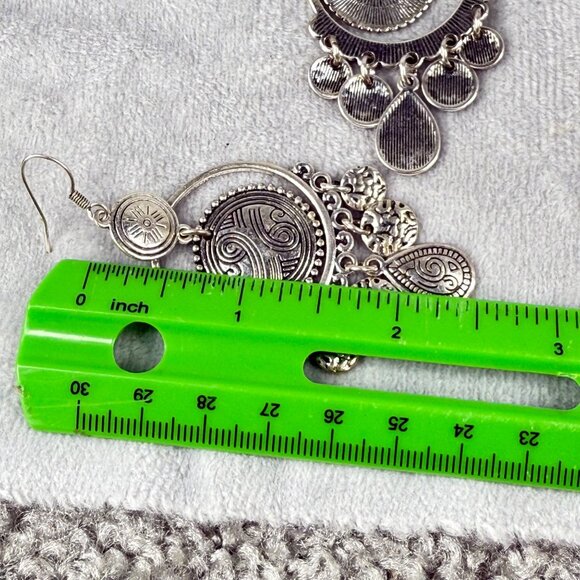 Boho Style Silver-Tone Chandelier Earrings Tribal Engraved Discs Teardrop Charms - Picture 7 of 16